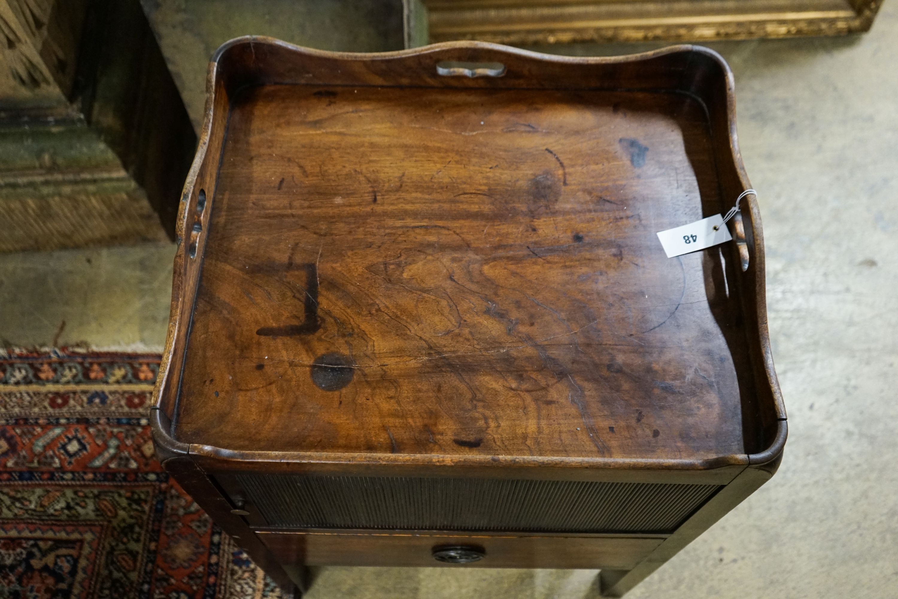 A George III mahogany tray top commode, with tambour compartment, width 56cm, depth 46cm, height 72cm